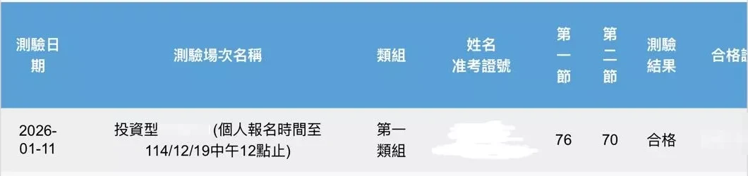 買家附圖：投資型保險商品業務員測驗成績，2026-01-11 合格（姓名與編號已遮蔽）